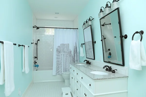 Interior photo of the teal bathroom
